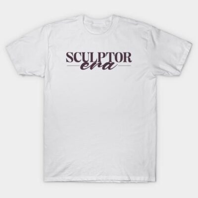 White cotton t-shirt with "Sculptor Era" text in dark print, casual style for everyday wear.