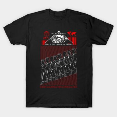 Black graphic t-shirt with red and white abstract design, ideal for casual wear, made of soft cotton material.