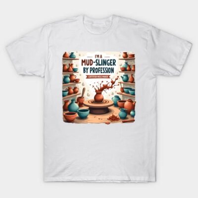 White T-shirt with "Mud-Slinger by Profession" graphic, featuring pottery theme, ideal for pottery enthusiasts.