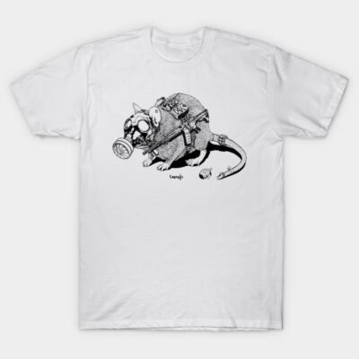White cotton t-shirt with detailed black rat illustration, wearing a gas mask and gear. Unique graphic tee design.