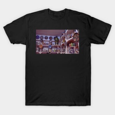 Black t-shirt with vibrant pottery shop print, casual style, cotton material, perfect for everyday wear.