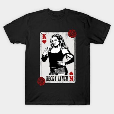 Black graphic t-shirt with playing card design, featuring red roses and bold text. Casual style, soft cotton material.