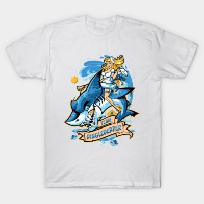 White cotton t-shirt featuring colorful shark and character design, ideal for casual wear and graphic tee enthusiasts.