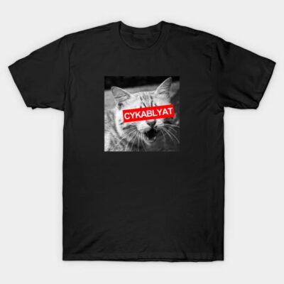 Black graphic T-shirt with bold red text overlay on cat photo. Casual wear, cotton material, unisex design.