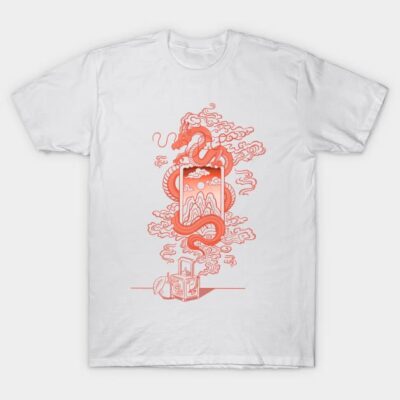 White t-shirt with red dragon and mountain design, casual wear, soft cotton material, unisex style.