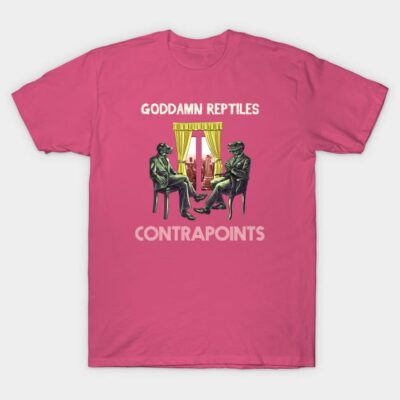 Pink t-shirt featuring artistic reptile design and text, ideal for casual wear. Cotton material, unisex style.