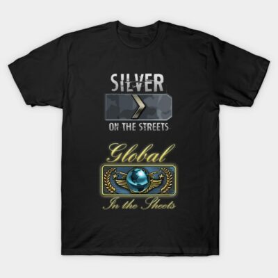 Black t-shirt with gaming-themed graphics, featuring silver and blue design elements. Casual style, cotton material.