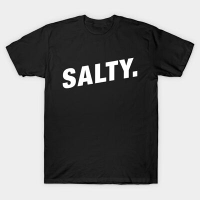 Black cotton T-shirt with bold white "Salty" text, casual style, perfect for everyday wear.