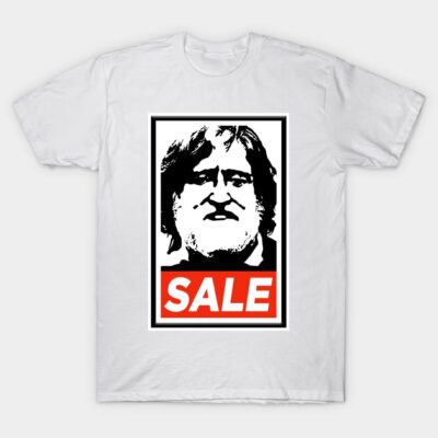 White t-shirt with bold "SALE" graphic design, casual style, cotton material, unisex, perfect for everyday wear.