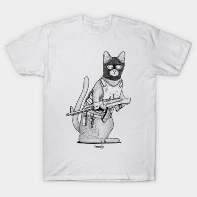 White t-shirt with artistic cat graphic, unique design, casual wear, 100% cotton, comfortable fit, unisex style.