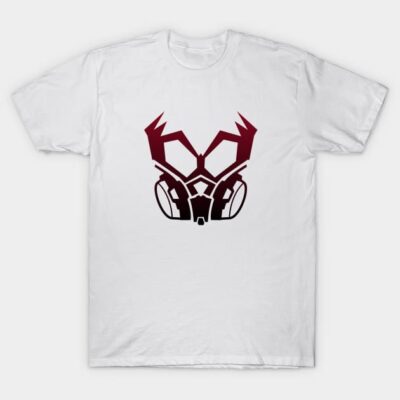 White graphic T-shirt with abstract mask design, black and burgundy print, casual wear, cotton fabric, unisex style.