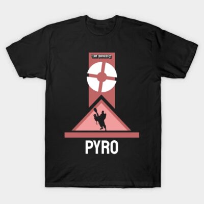 Black graphic T-shirt featuring Team Fortress 2 Pyro design, 100% cotton, casual wear, video game merchandise.