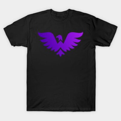 Black t-shirt with purple eagle design, casual style, comfortable cotton material, perfect for everyday wear.