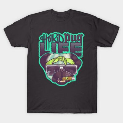 Black T-shirt with "Hard Pug Life" graphic, featuring a pug wearing sunglasses and a bandana, casual wear.