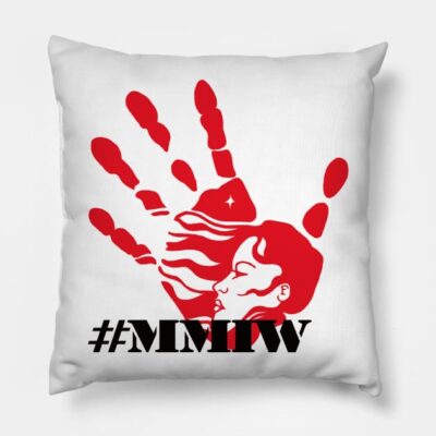 White pillow with red handprint and face design, #MMIW text. Perfect for home decor, cotton material, 18x18 inches.