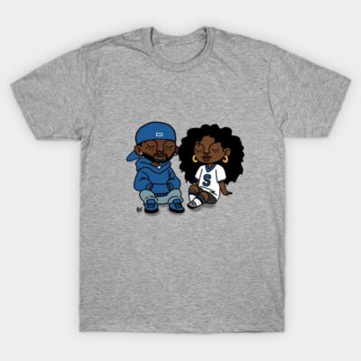 Gray t-shirt with cartoon design, featuring two characters sitting, casual style, perfect for everyday wear.