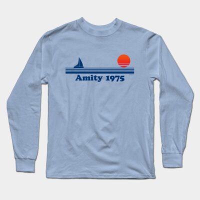 Light blue long-sleeve shirt with "Amity 1975" graphic, featuring a sailboat and sunset design, casual cotton wear.