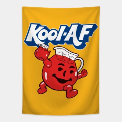 Yellow Kool-Aid themed tapestry with red cartoon pitcher design, ideal for home decor or wall hanging.
