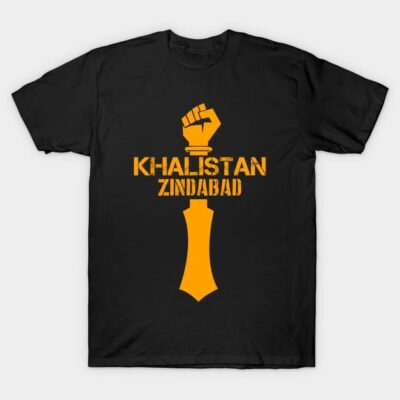 Black t-shirt with bold yellow "Khalistan Zindabad" text and graphic, casual wear, cotton material.