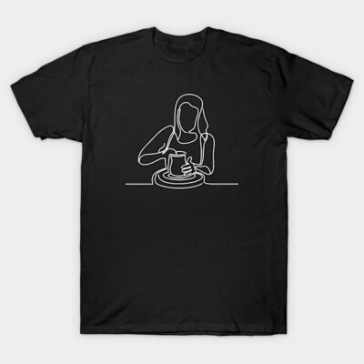 Black cotton t-shirt with minimalist pottery line art design, casual style, unisex.