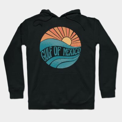 Black hoodie with "Gulf of Mexico" graphic, featuring sunset and waves. Casual, comfortable style for everyday wear.