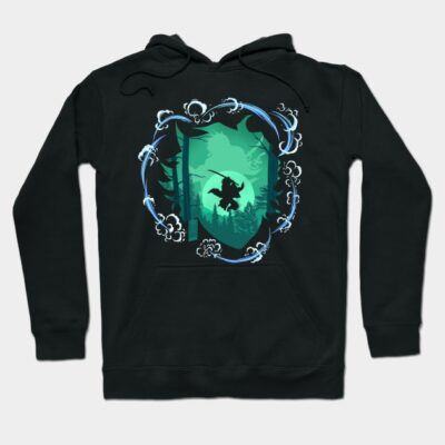Black hoodie with a mystical forest graphic, featuring a silhouette of a creature. Cozy cotton blend, perfect for casual wear.
