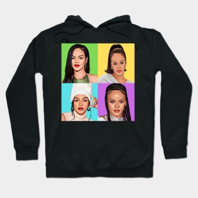 Black hoodie with colorful pop art graphic design, casual style, ideal for everyday wear, soft cotton material.