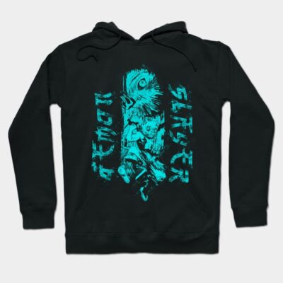 Black graphic hoodie with blue abstract design, featuring bold text. Casual wear, soft fabric, unisex style.