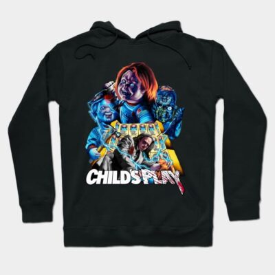 Black "Child's Play" hoodie featuring colorful horror-themed graphic, perfect for casual wear and fans of classic movies.