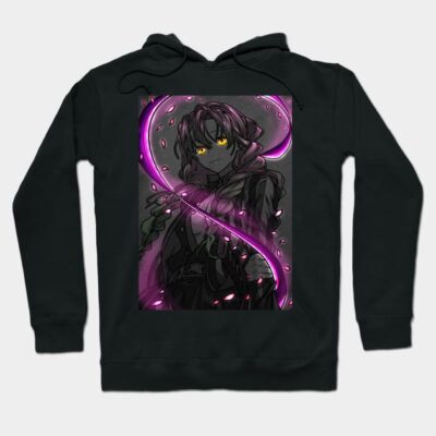 Black graphic hoodie with vibrant purple anime design, featuring glowing eyes, ideal for casual wear and anime fans.