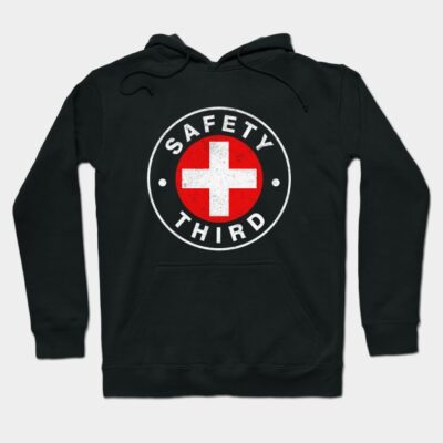 Black hoodie with "Safety Third" logo, red and white emblem. Casual wear, comfortable cotton material.