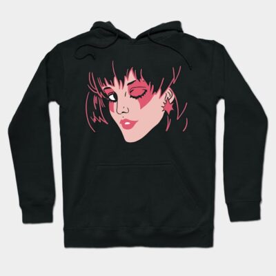 Black hoodie with graphic pink face design, featuring drawstring hood and front pocket; casual streetwear apparel.