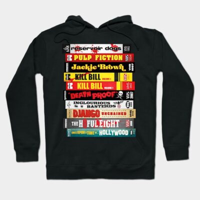 Black hoodie with colorful movie titles graphic design, casual style, cotton blend, perfect for film enthusiasts.