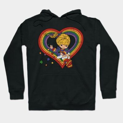 Black hoodie with rainbow heart graphic and cartoon character design, unisex style, cozy cotton material, casual wear.