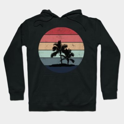 Black hoodie with retro sunset palm tree design, casual style, unisex, cotton blend, perfect for everyday wear.