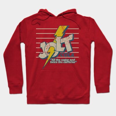 Red hoodie with retro "Jolt Cola" graphic, vintage style, cozy cotton material, perfect for casual wear.