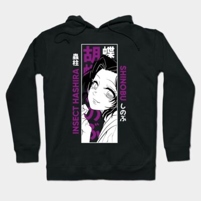 Black anime-themed hoodie featuring bold graphic design with purple and white accents, ideal for casual wear.