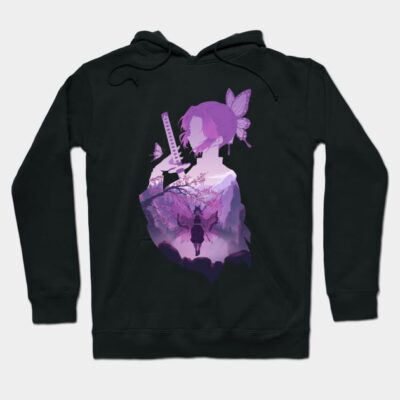 Black hoodie with purple anime design featuring silhouette and butterflies, perfect for casual wear. Cotton blend material.