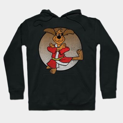Black hooded sweatshirt with cartoon character in red karate robe, perfect for casual wear and made from soft cotton blend.