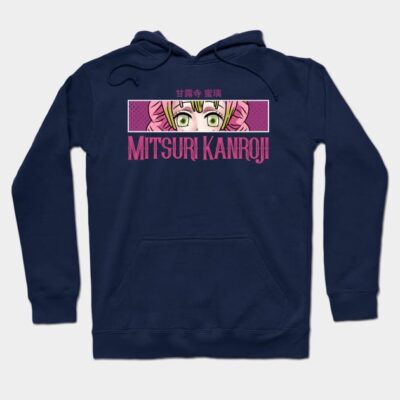 Navy blue anime-themed hoodie with pink graphic design, featuring bold text. Cozy cotton blend, perfect for casual wear.