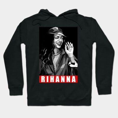 Black hoodie with geometric design and bold red text, featuring a graphic portrait, ideal for casual wear.