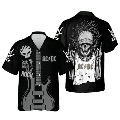 Black rock-themed shirt with guitar and skull design, short-sleeve, button-up, ideal for music lovers and casual wear.