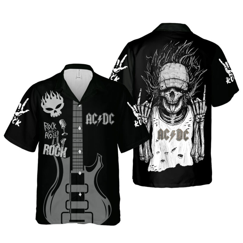 Black rock-themed shirt with guitar and skull design, short-sleeve, button-up, ideal for music lovers and casual wear.