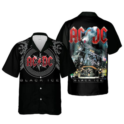 Black short-sleeve Hawaiian shirt with rock band graphic design, ideal for casual wear and music fans.