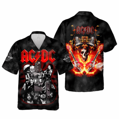 "Black rock band-themed Hawaiian shirt with guitar and fire design, short sleeves, casual wear for music fans."