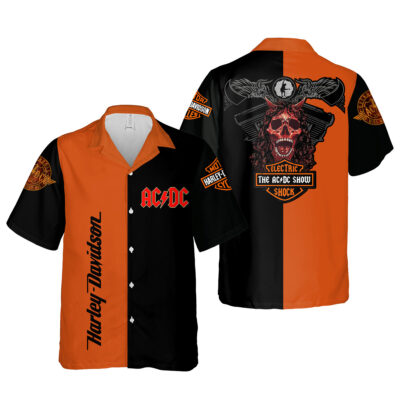 Orange and black short-sleeve button-up shirt with graphic design, ideal for casual wear, made of lightweight material.