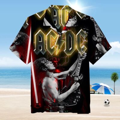 Black rock band graphic Hawaiian shirt, short-sleeve, beachwear, bold design, lightweight fabric, casual style.