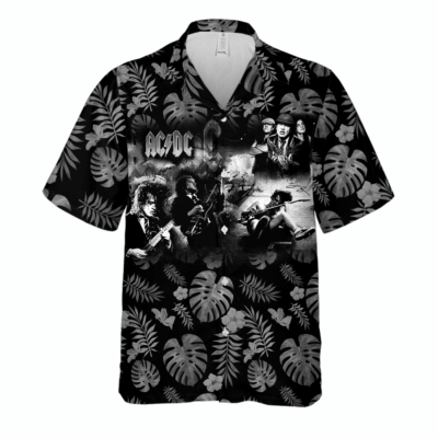 Black tropical print rock band shirt, short-sleeve, casual style, ideal for music fans, lightweight fabric.