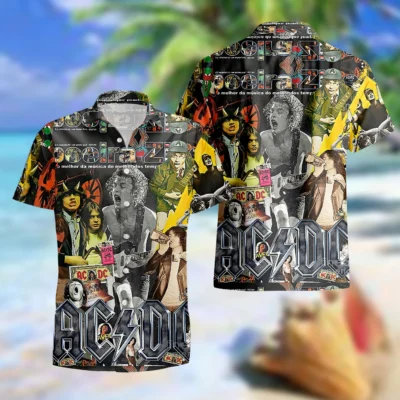 Vintage rock-themed Hawaiian shirt, multicolor collage design, casual beachwear for music lovers, lightweight fabric.
