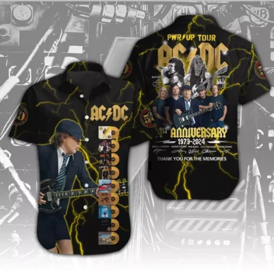 Black AC/DC anniversary tour shirt, lightning design, button-up style, featuring album covers and band graphics.